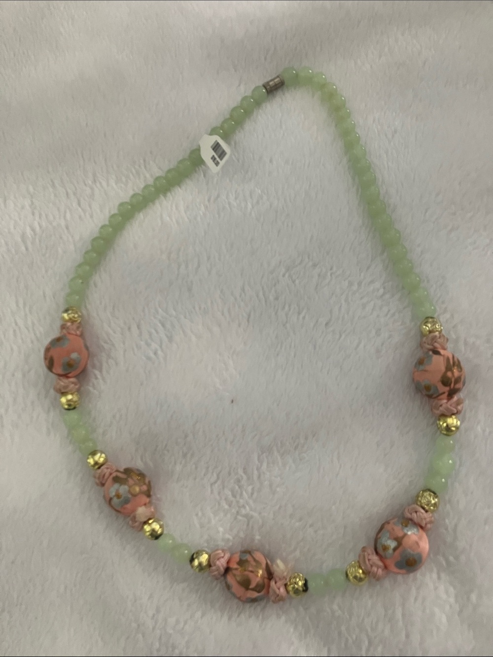 Vintage Pink Floral Cloisonné Bead Necklace with Pale Green Beads
